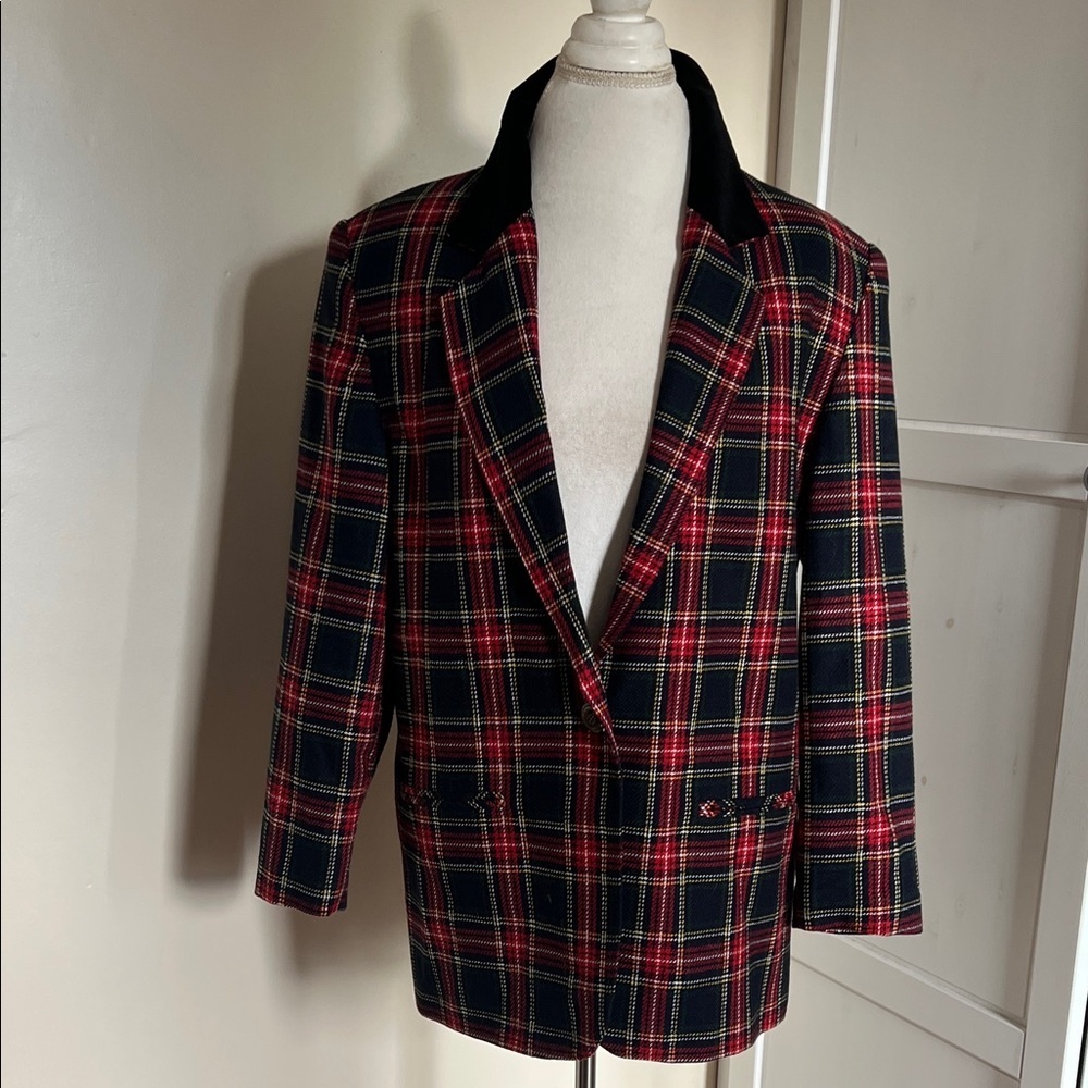 Festive Vintage Wool Blend Classic Sag Harbor Petite Plaid Blazer - 12P